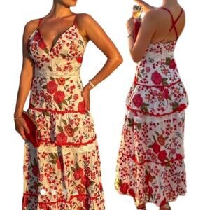 Beulah Style Tiered Rose Embroidered Maxi Dress Size S